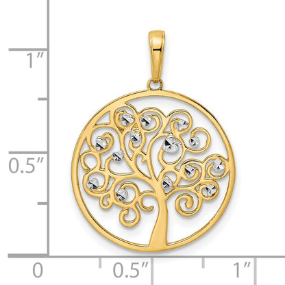 14k Yellow & Rhodium Gold and White Rhodium Diamond-cut Tree of Life Pendant