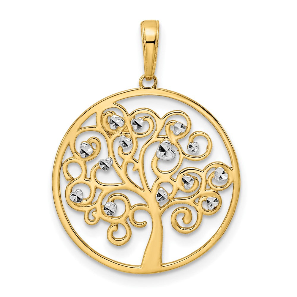 14k Yellow & Rhodium Gold and White Rhodium Diamond-cut Tree of Life Pendant