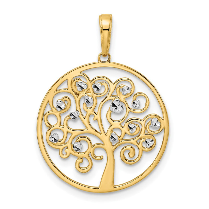 14k Yellow & Rhodium Gold and White Rhodium Diamond-cut Tree of Life Pendant