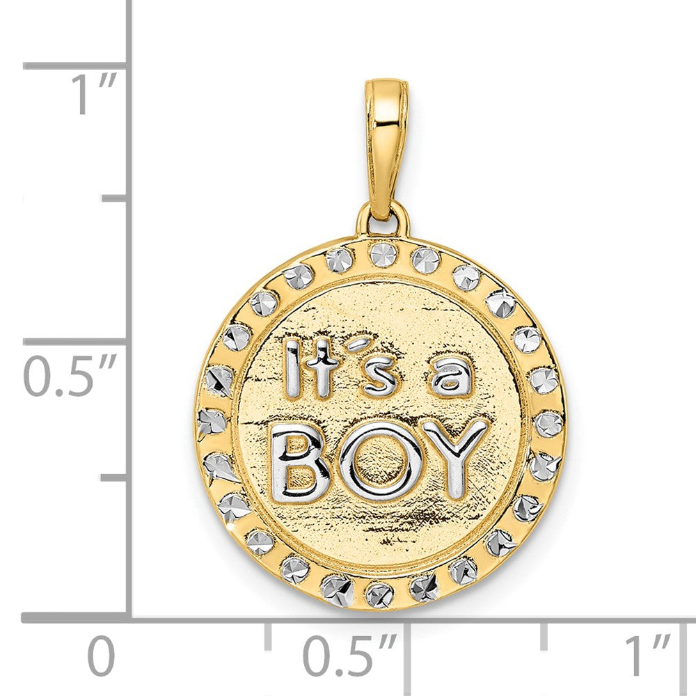 14k Yellow & Rhodium Gold w/ White Rhodium Diamond-cut IT'S A BOY Round Disc Pendant