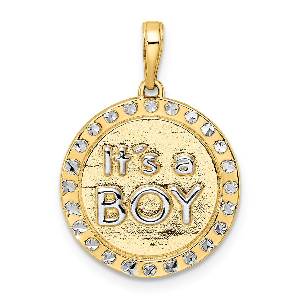 14k Yellow & Rhodium Gold w/ White Rhodium Diamond-cut IT'S A BOY Round Disc Pendant
