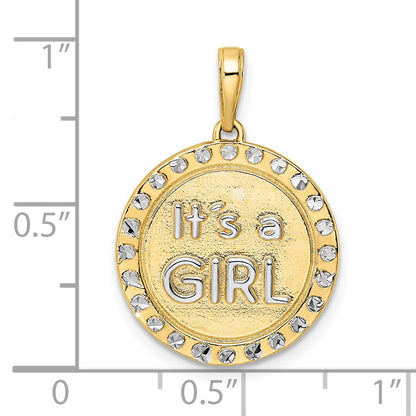 14k Yellow & Rhodium Gold w/ White Rhodium Diamond-cut IT'S A GIRL Round Disc Pendant
