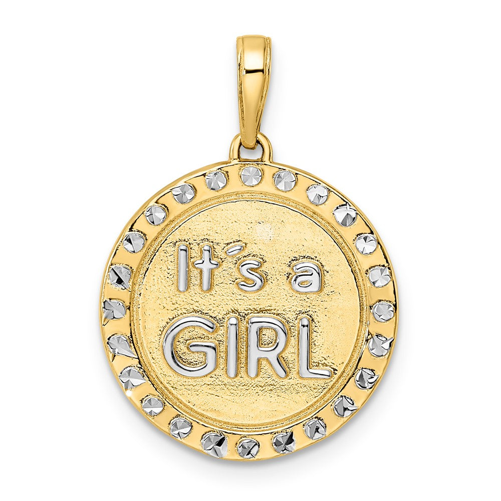 14k Yellow & Rhodium Gold w/ White Rhodium Diamond-cut IT'S A GIRL Round Disc Pendant