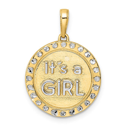 14k Yellow & Rhodium Gold w/ White Rhodium Diamond-cut IT'S A GIRL Round Disc Pendant