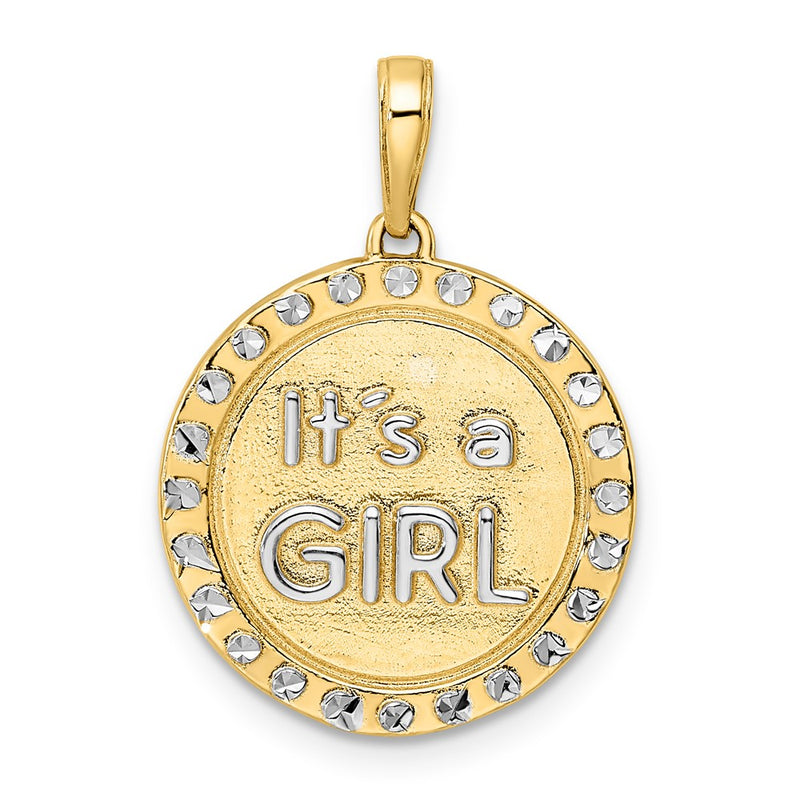 14k Yellow & Rhodium Gold w/ White Rhodium Diamond-cut IT'S A GIRL Round Disc Pendant