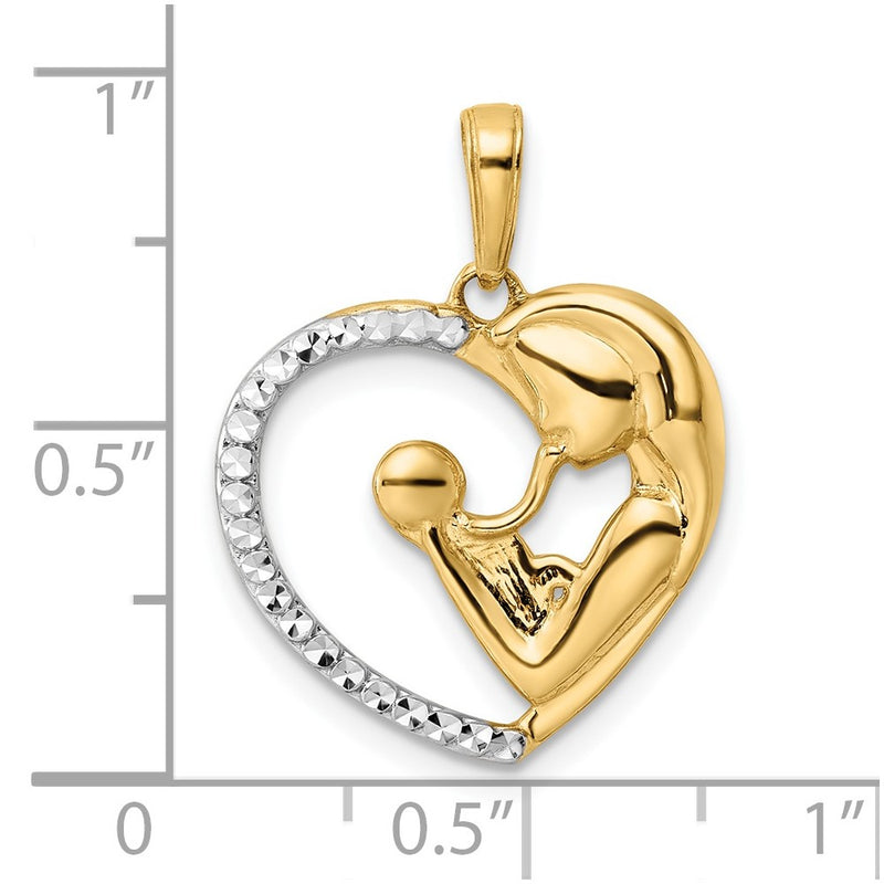 14k Yellow & Rhodium Gold and White Rhodium Diamond-cut Mother and Baby Heart Pendant