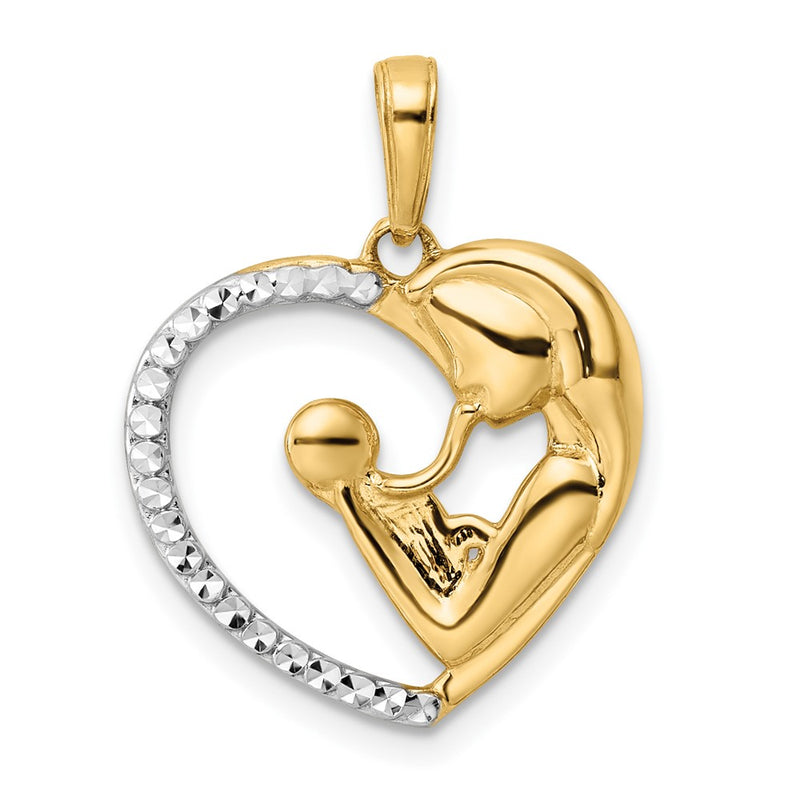 14k Yellow & Rhodium Gold and White Rhodium Diamond-cut Mother and Baby Heart Pendant