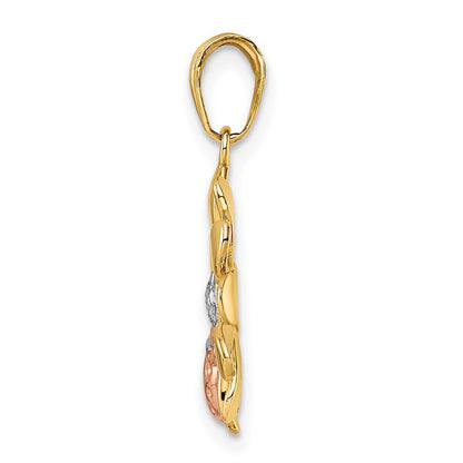 14k Yellow & Rhodium Gold w/White and Rose Rhodium Diamond-cut Ladybug on Flower Pendant