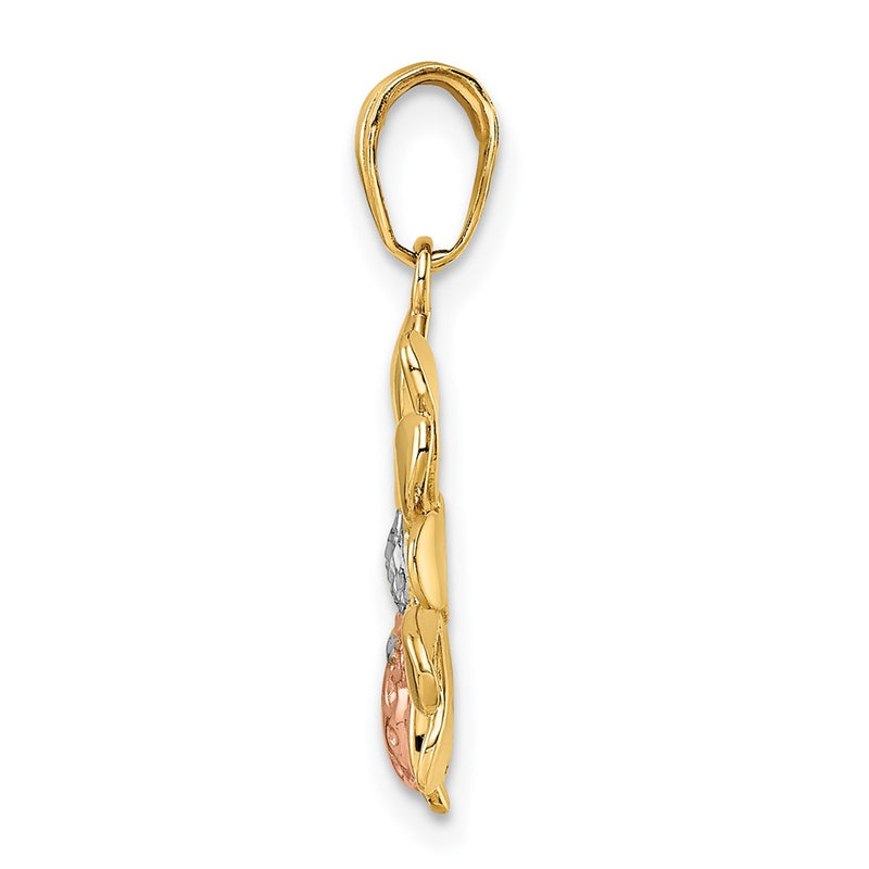 14k Yellow & Rhodium Gold w/White and Rose Rhodium Diamond-cut Ladybug on Flower Pendant