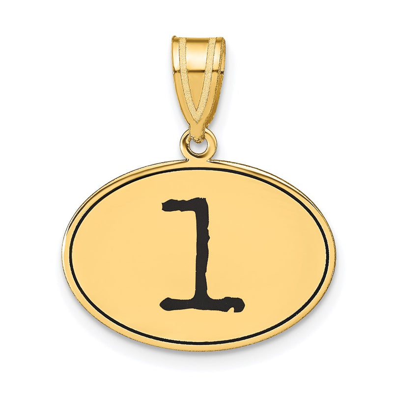 14k Yellow Gold Polished Number 1 Black Enamel Oval Pendant