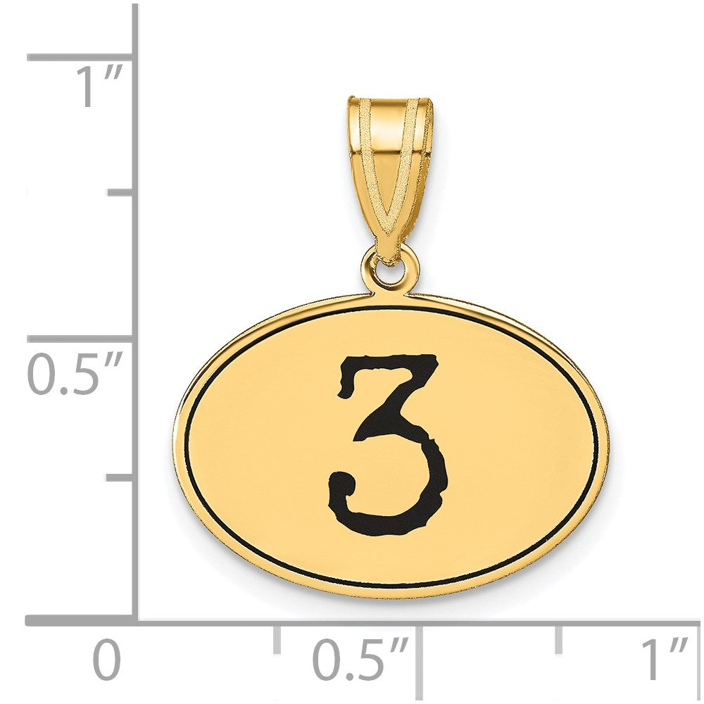 14k Yellow Gold Polished Number 3 Black Enamel Oval Pendant