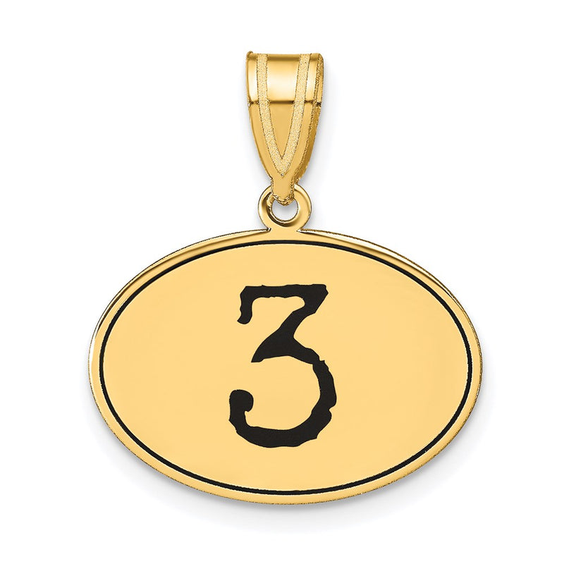 14k Yellow Gold Polished Number 3 Black Enamel Oval Pendant