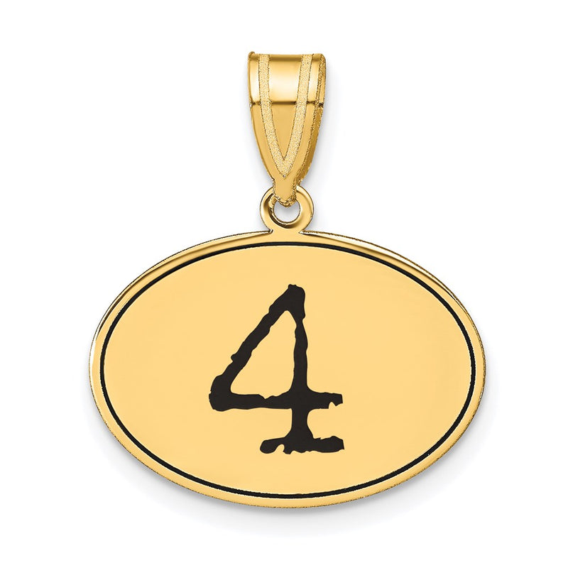 14k Yellow Gold Polished Number 4 Black Enamel Oval Pendant