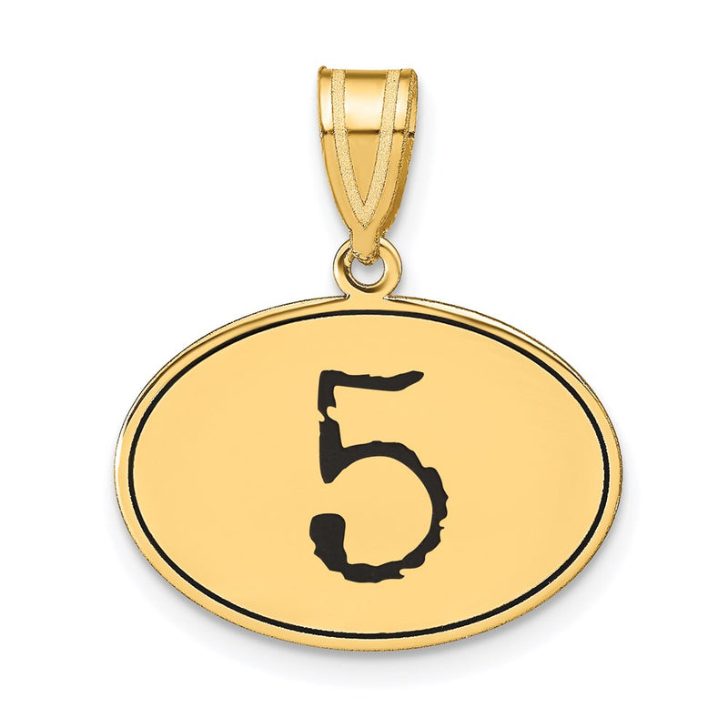 14k Yellow Gold Polished Number 5 Black Enamel Oval Pendant