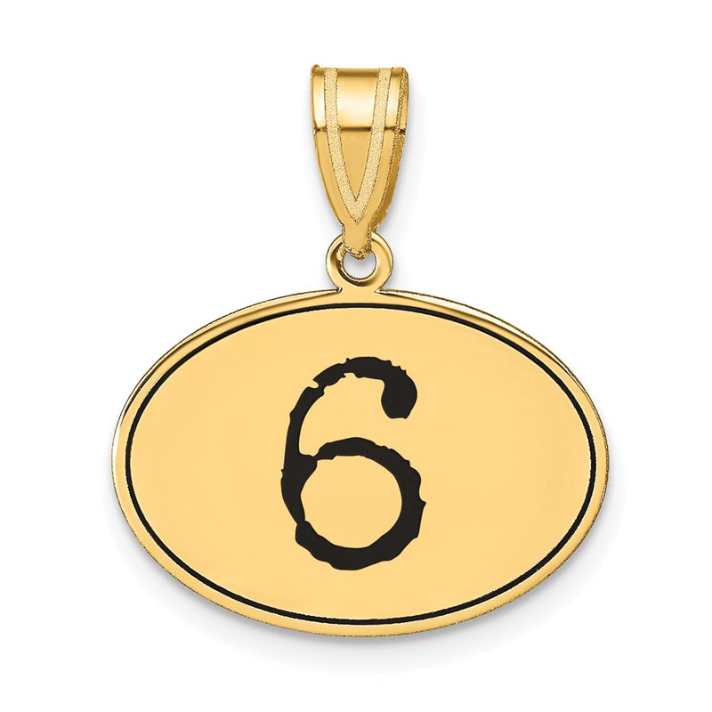 14k Yellow Gold Polished Number 6 Black Enamel Oval Pendant