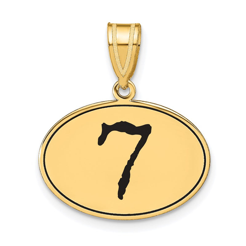 14k Yellow Gold Polished Number 7 Black Enamel Oval Pendant