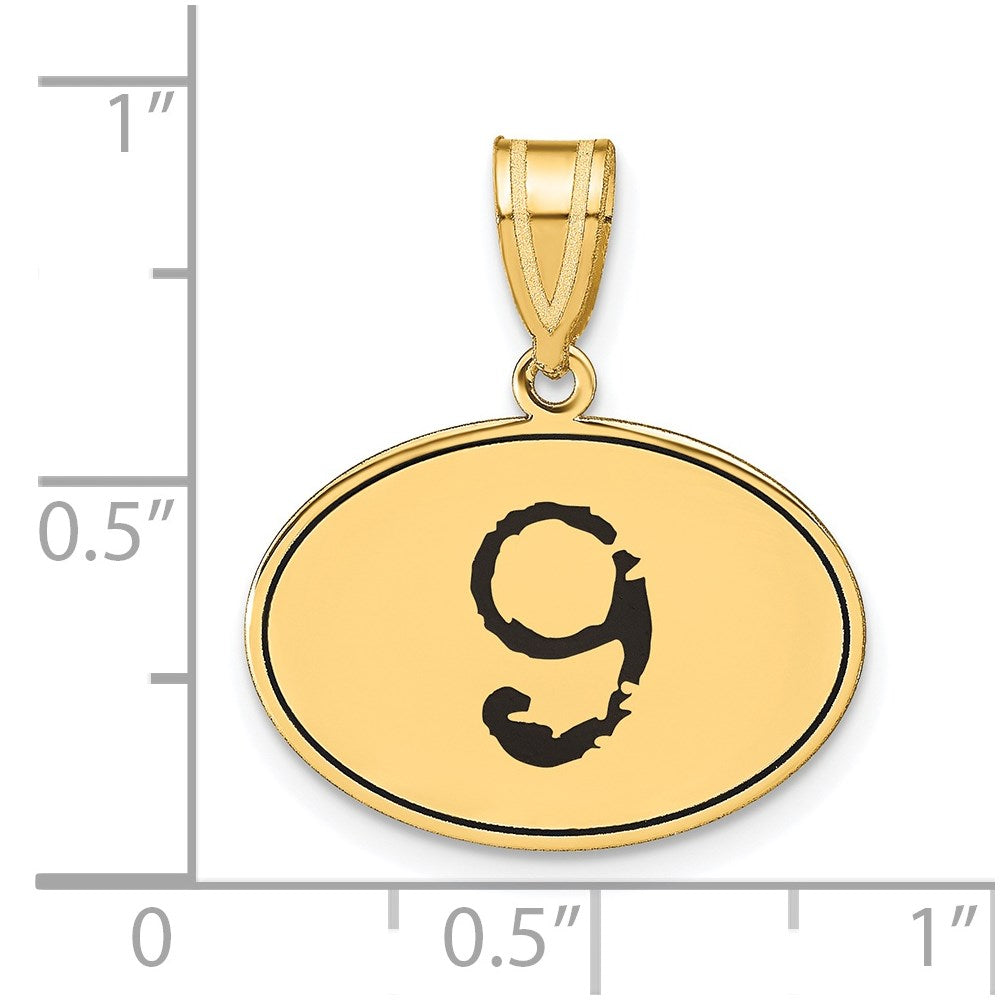 14k Yellow Gold Polished Number 9 Black Enamel Oval Pendant