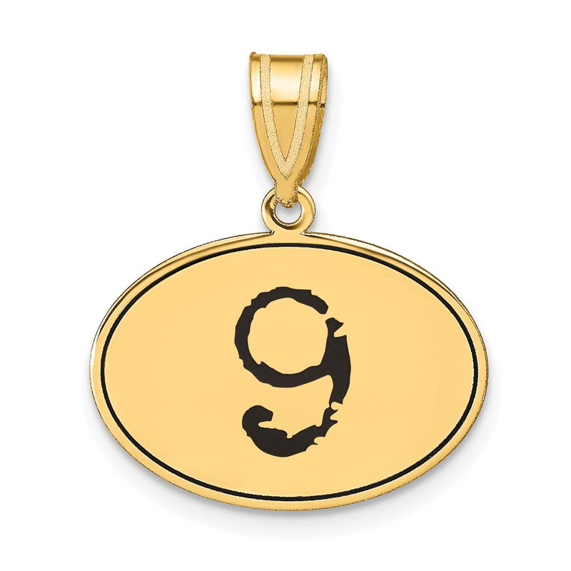 14k Yellow Gold Polished Number 9 Black Enamel Oval Pendant
