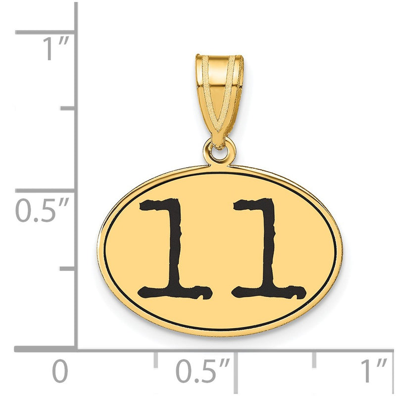 14k Yellow Gold Polished Number 11 Black Enamel Oval Pendant