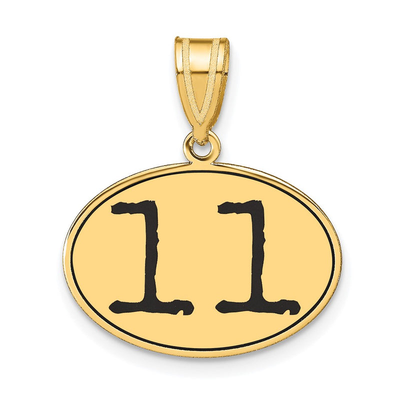 14k Yellow Gold Polished Number 11 Black Enamel Oval Pendant