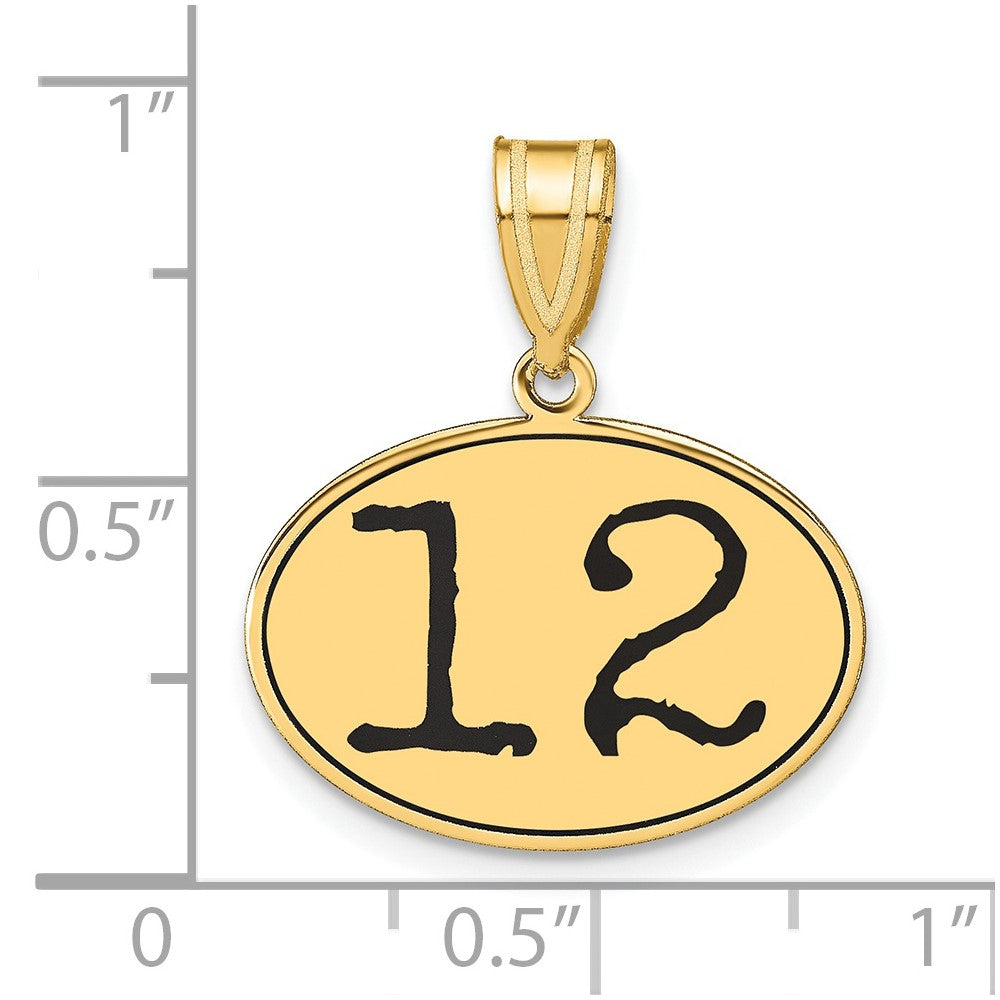 14k Yellow Gold Polished Number 12 Black Enamel Oval Pendant