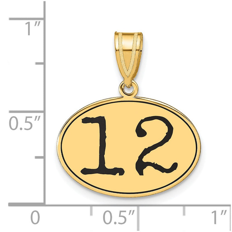 14k Yellow Gold Polished Number 12 Black Enamel Oval Pendant