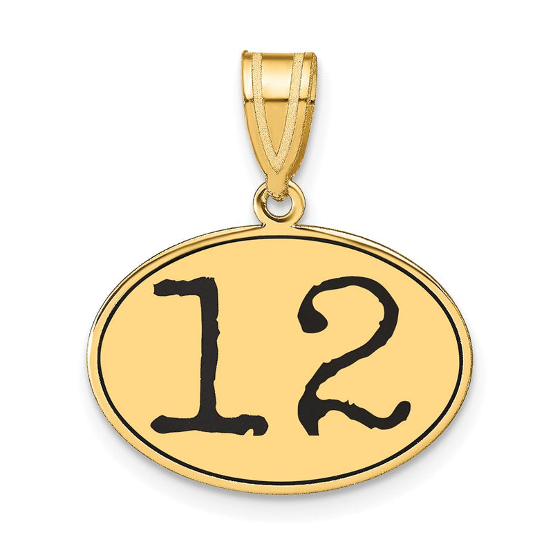 14k Yellow Gold Polished Number 12 Black Enamel Oval Pendant
