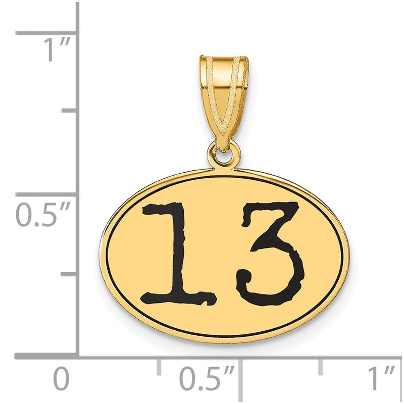 14k Yellow Gold Polished Number 13 Black Enamel Oval Pendant