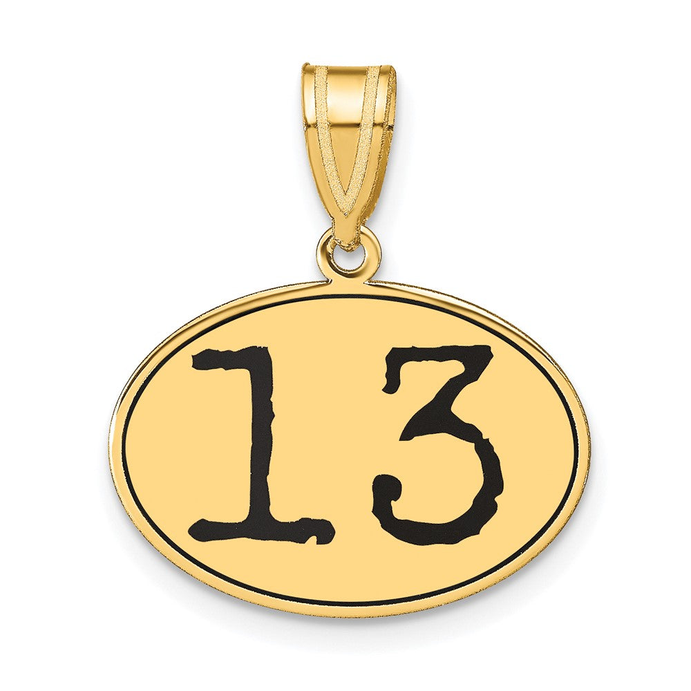 14k Yellow Gold Polished Number 13 Black Enamel Oval Pendant
