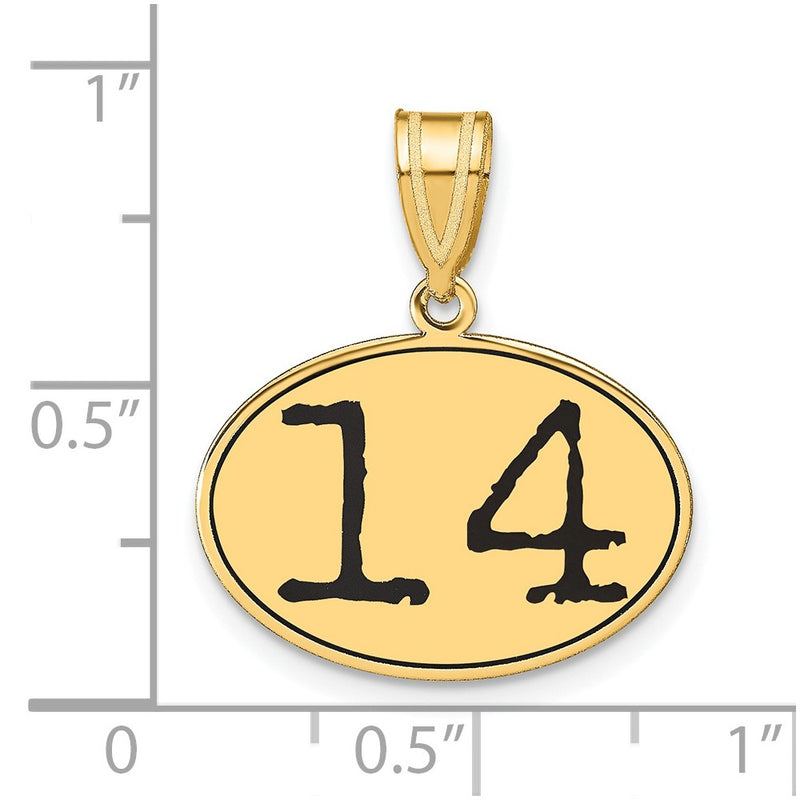 14k Yellow Gold Polished Number 14 Black Enamel Oval Pendant