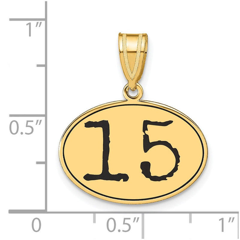 14k Yellow Gold Polished Number 15 Black Enamel Oval Pendant