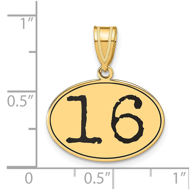 14k Yellow Gold Polished Number 16 Black Enamel Oval Pendant