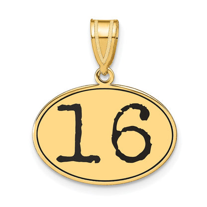 14k Yellow Gold Polished Number 16 Black Enamel Oval Pendant