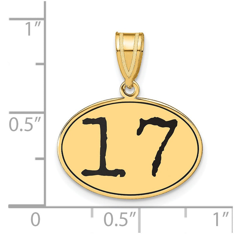 14k Yellow Gold Polished Number 17 Black Enamel Oval Pendant