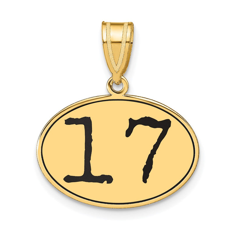 14k Yellow Gold Polished Number 17 Black Enamel Oval Pendant