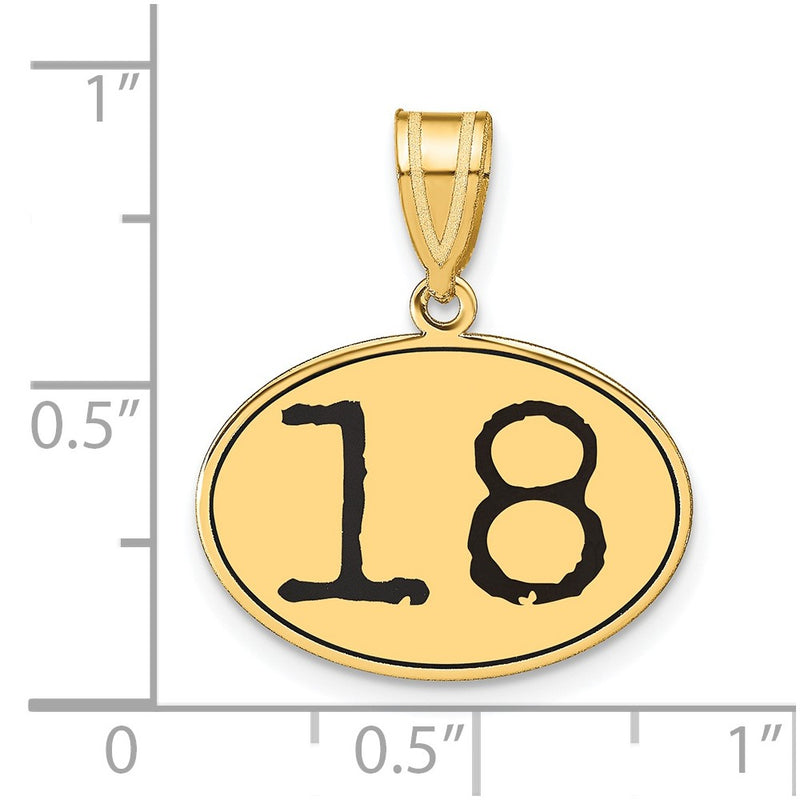 14k Yellow Gold Polished Number 18 Black Enamel Oval Pendant