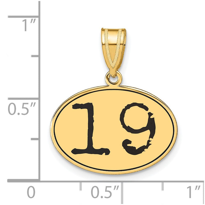 14k Yellow Gold Polished Number 19 Black Enamel Oval Pendant