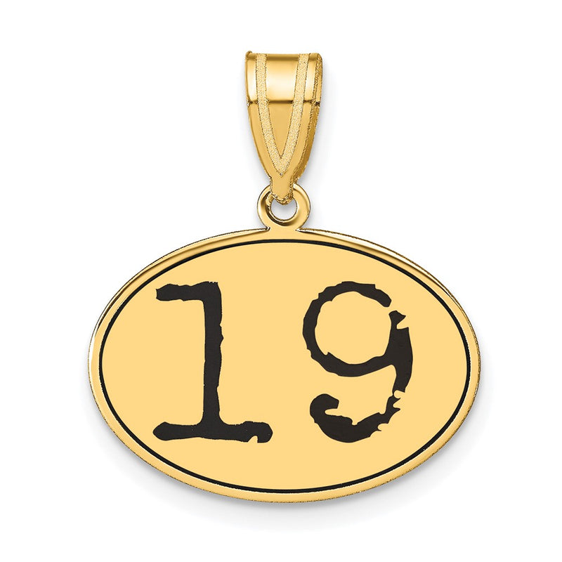 14k Yellow Gold Polished Number 19 Black Enamel Oval Pendant