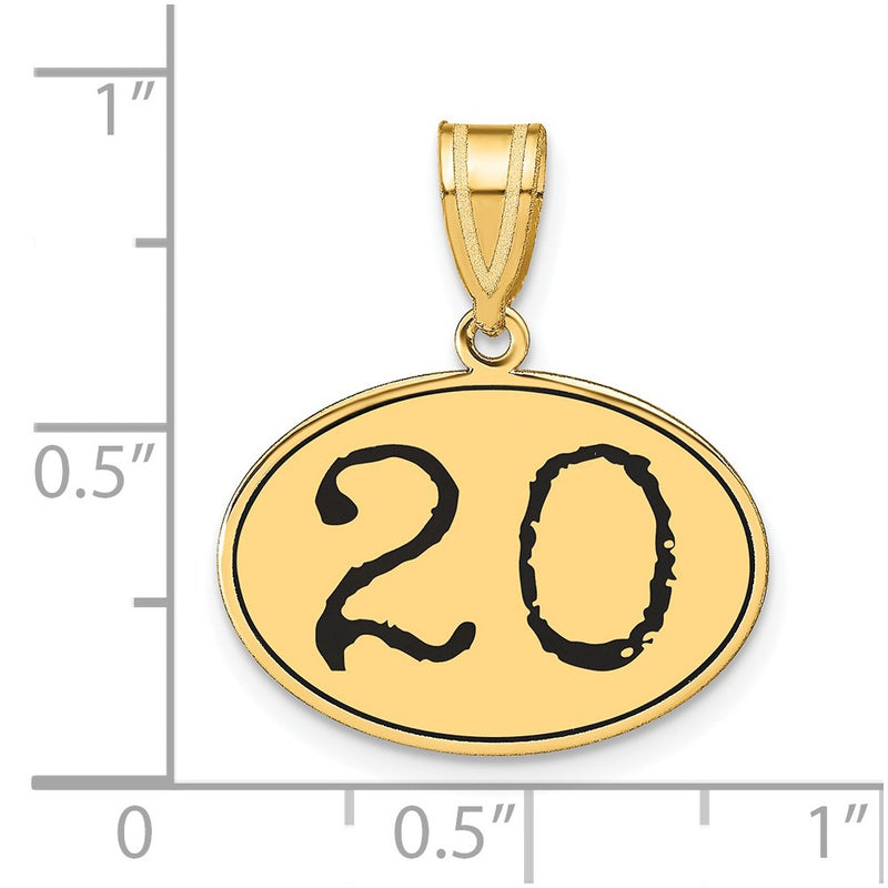 14k Yellow Gold Polished Number 20 Black Enamel Oval Pendant