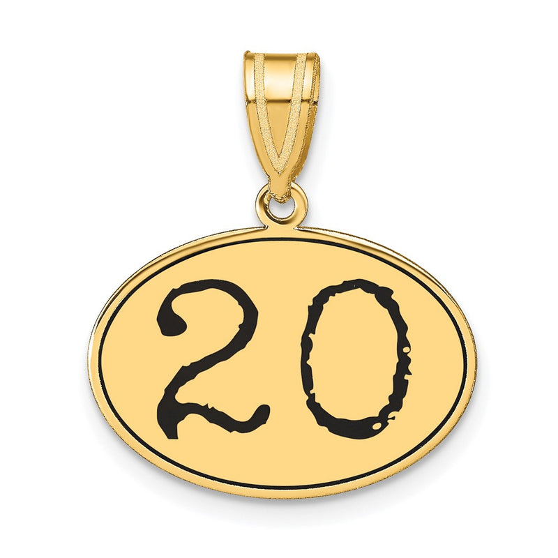 14k Yellow Gold Polished Number 20 Black Enamel Oval Pendant
