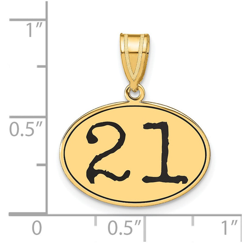 14k Yellow Gold Polished Number 21 Black Enamel Oval Pendant