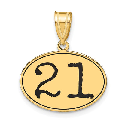 14k Yellow Gold Polished Number 21 Black Enamel Oval Pendant