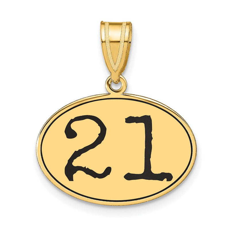 14k Yellow Gold Polished Number 21 Black Enamel Oval Pendant