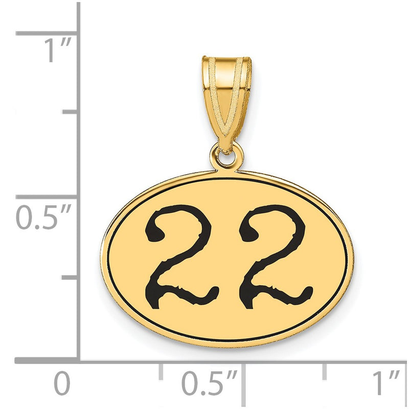 14k Yellow Gold Polished Number 22 Black Enamel Oval Pendant