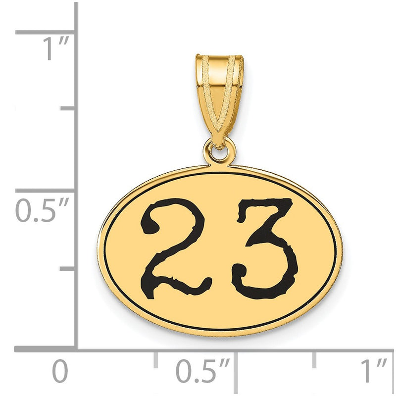 14k Yellow Gold Polished Number 23 Black Enamel Oval Pendant