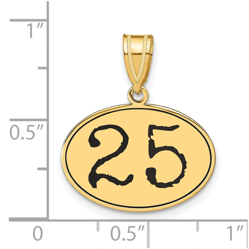 14k Yellow Gold Polished Number 25 Black Enamel Oval Pendant