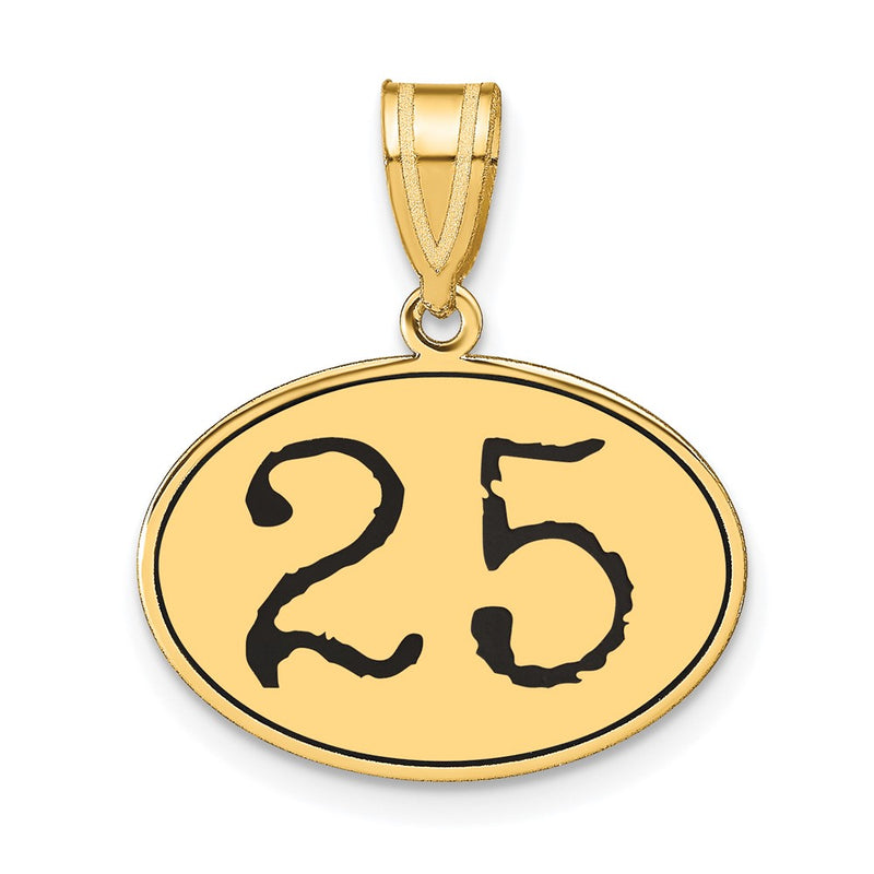 14k Yellow Gold Polished Number 25 Black Enamel Oval Pendant