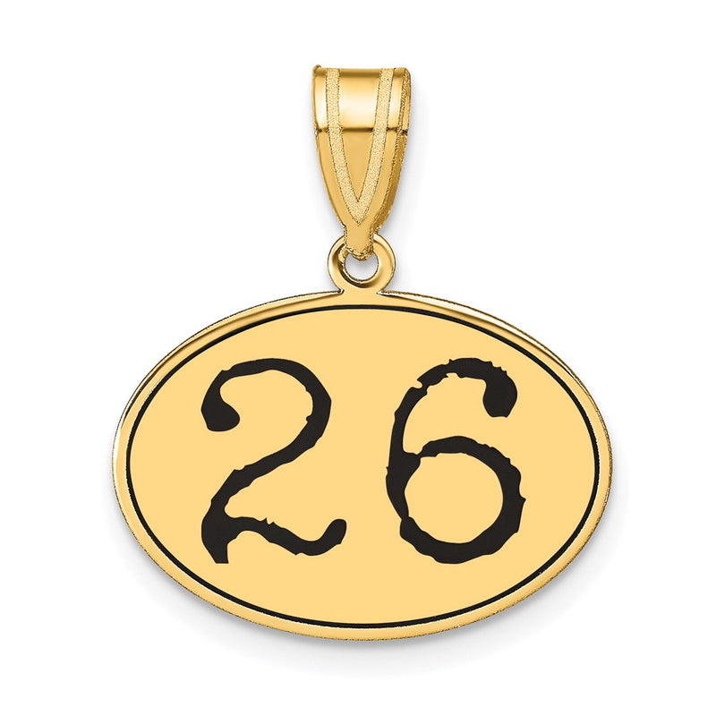14k Yellow Gold Polished Number 26 Black Enamel Oval Pendant