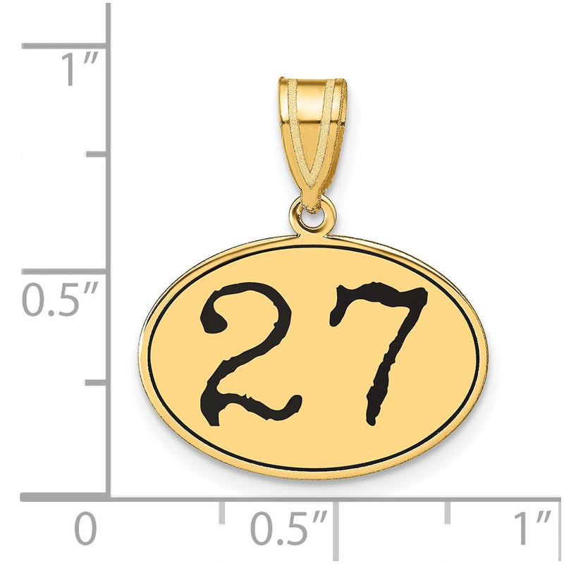 14k Yellow Gold Polished Number 27 Black Enamel Oval Pendant