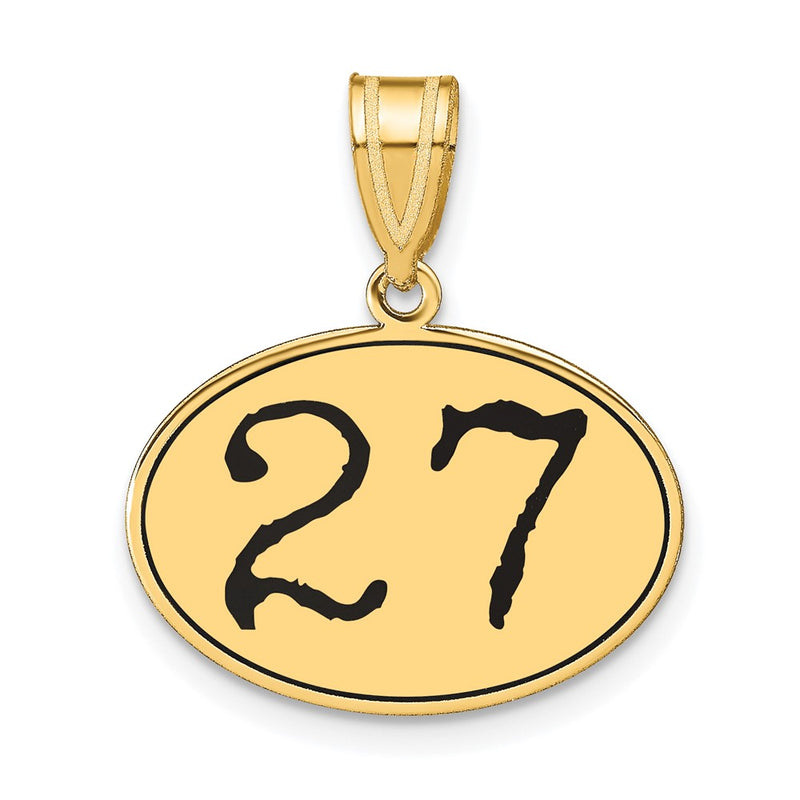 14k Yellow Gold Polished Number 27 Black Enamel Oval Pendant